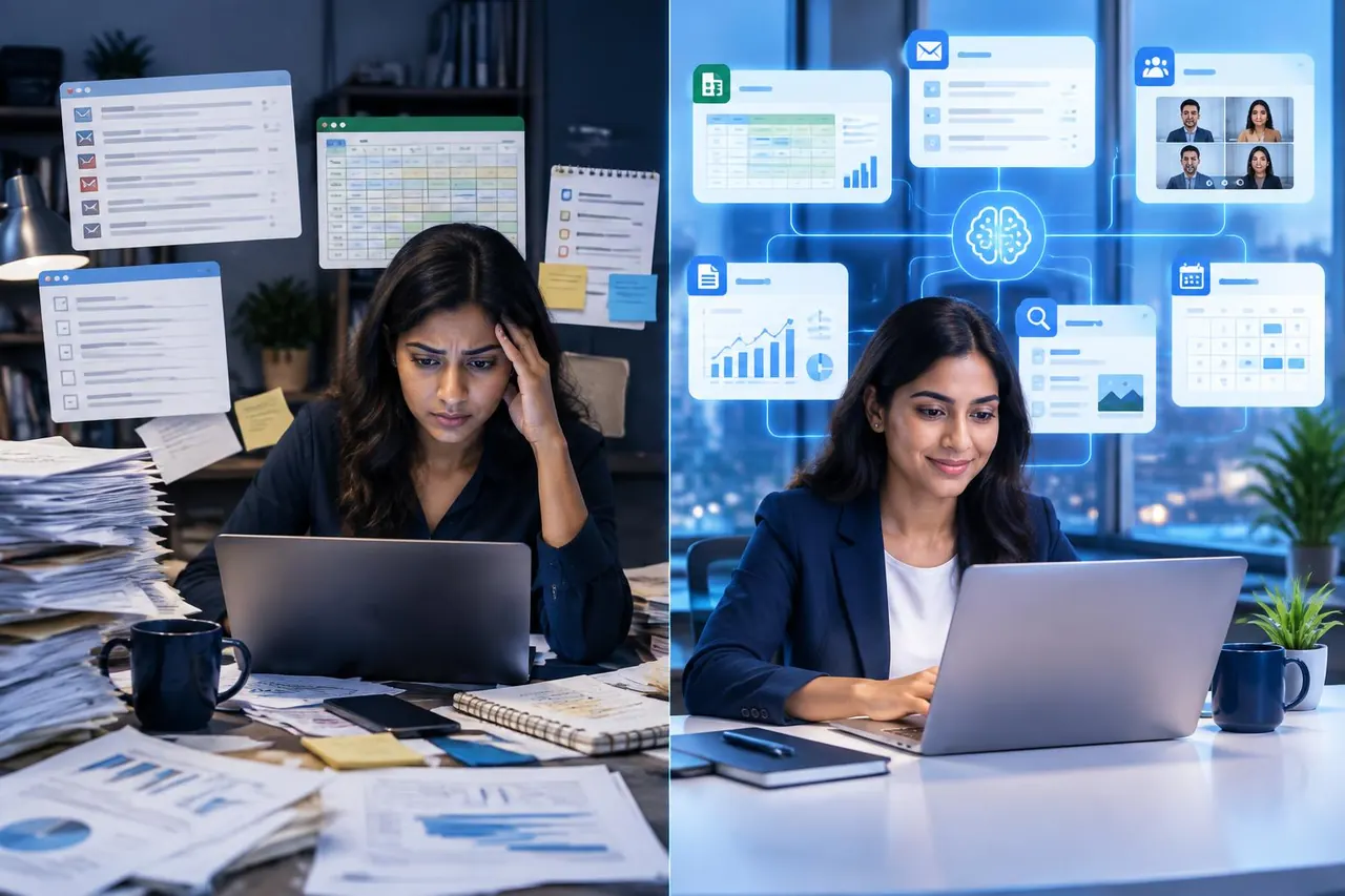 Before and after using AI office productivity workflows for work